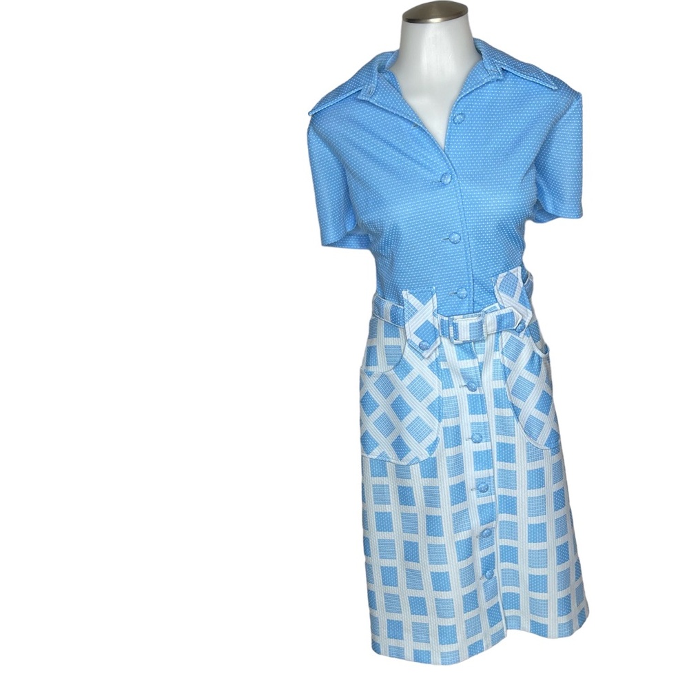 Vintage 60’s belted mod blue white shirt dress M